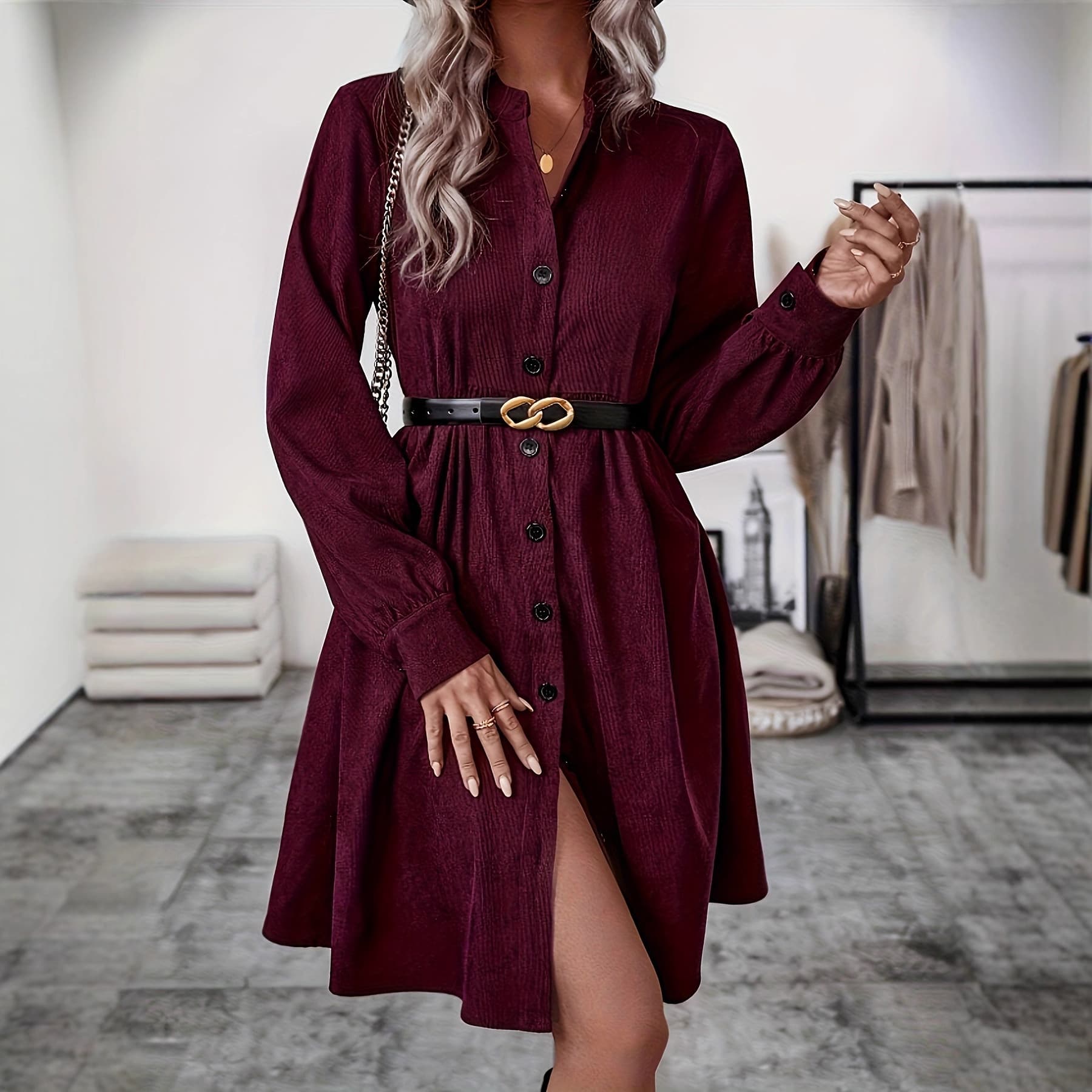 Robe midi tendance col revers boutonnée