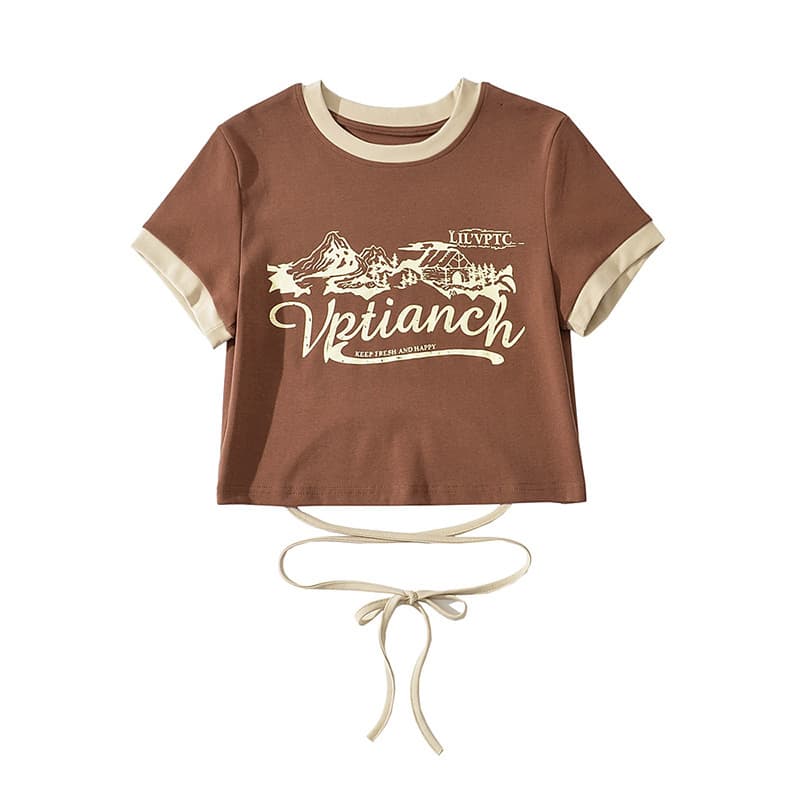 T-shirt court tendance contraste dos lacé femme — marron