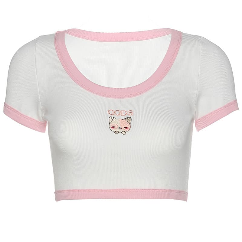 Haut court tendance broderie cartoon femme