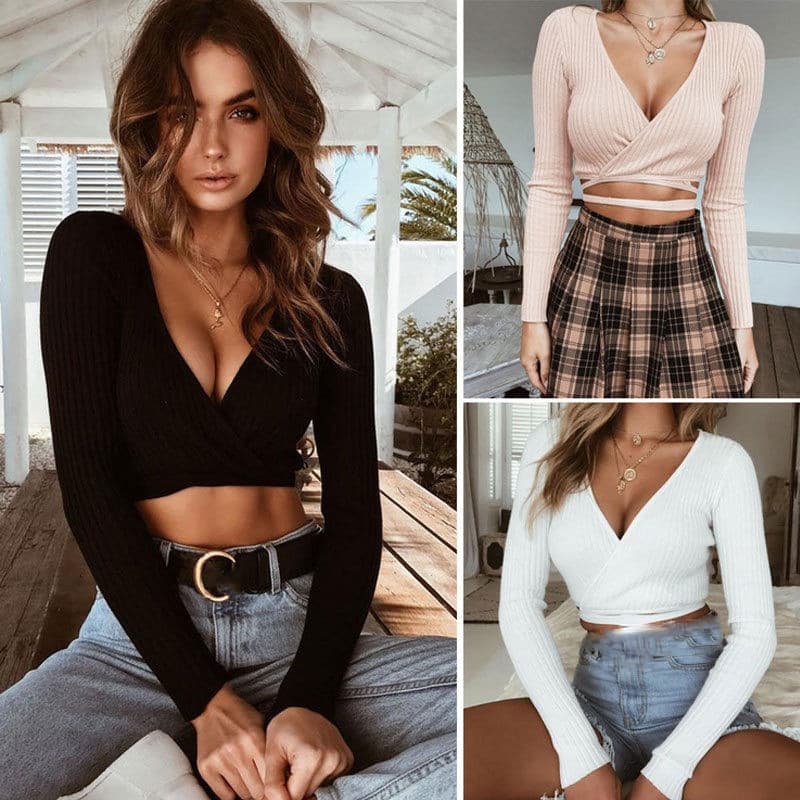 Haut court tendance manches longues col V tricot femme