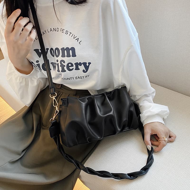 Sac Bandoulière Double Sangle Cuir PU Plissé Tendance