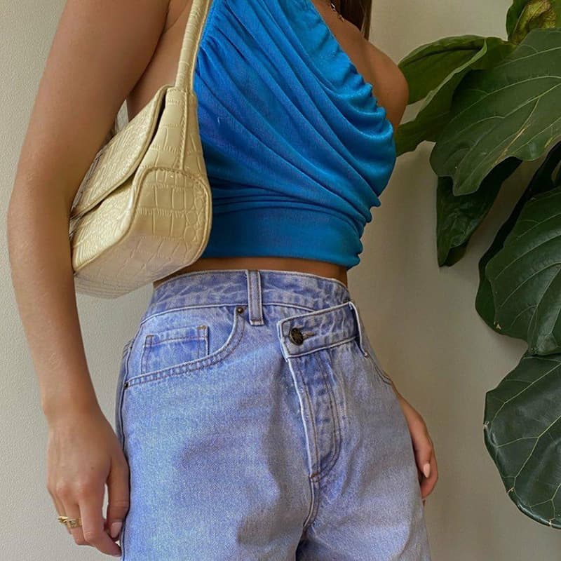 Crop top asymetrique une epaule – Femme — bleu