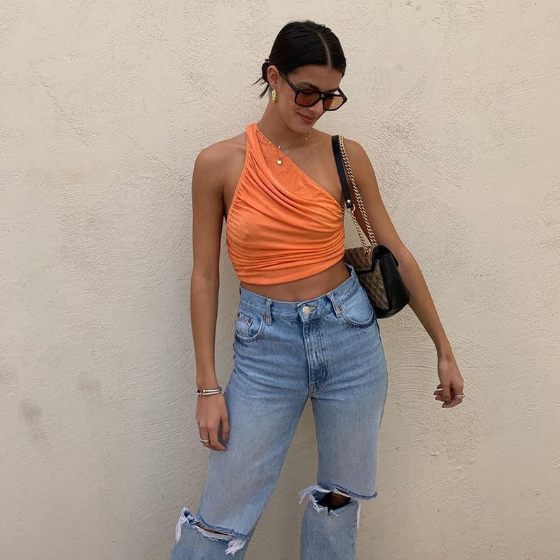 Crop top asymetrique une epaule – Femme — orange