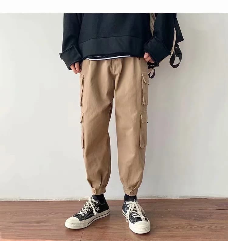Pantalon décontracté à poches multiples tendance homme — kaki