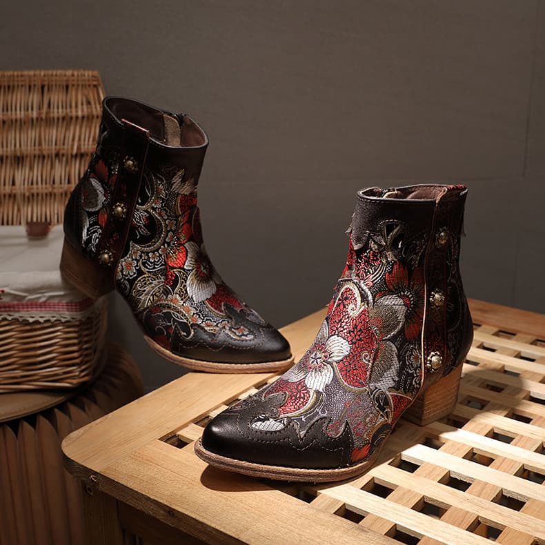Bottes Femmes en Cuir avec Broderie et Patchwork