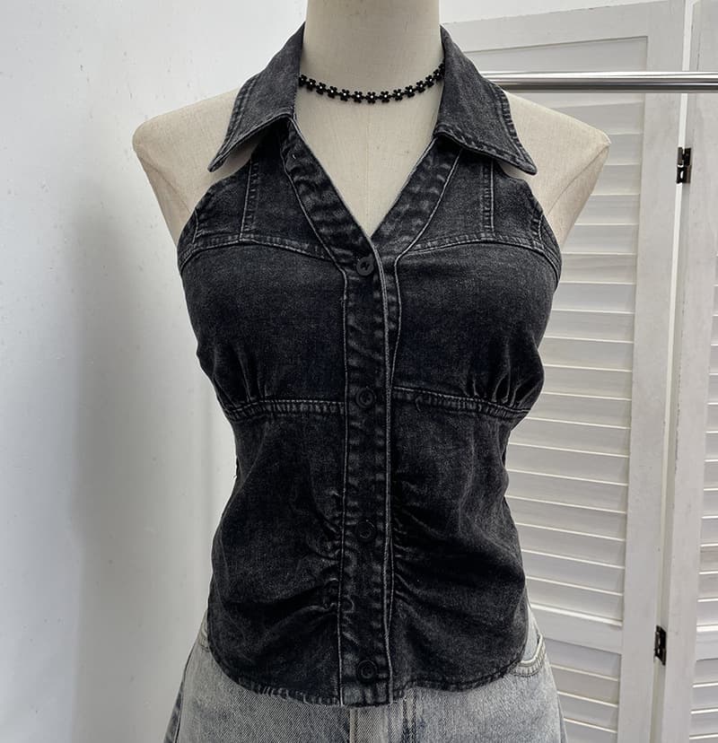 Gilet en Jean Sans Manches Femme — noir