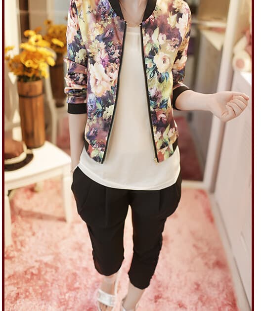 Veste Fleurie Zippée Col Montant Manches Longues Tendance