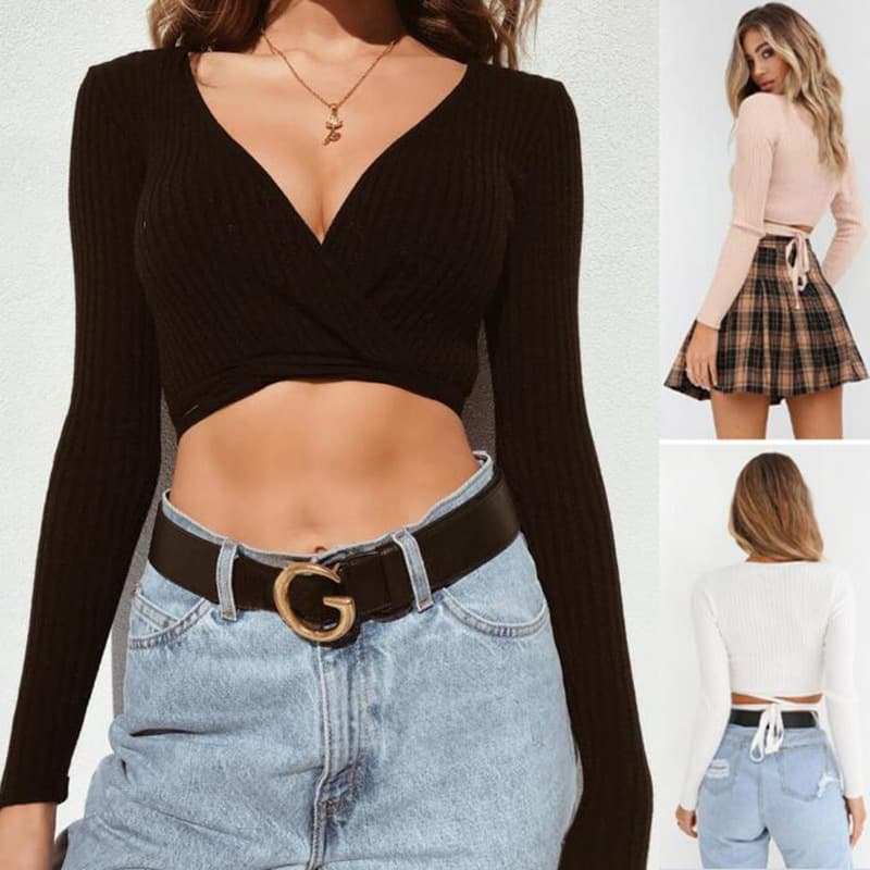 Haut court tendance manches longues col V tricot femme