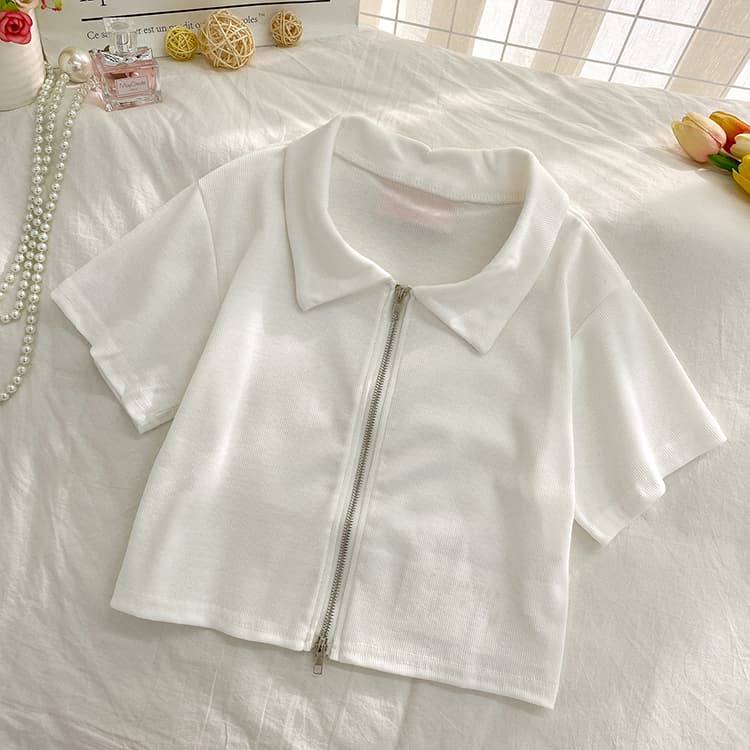 Haut court tendance zippé col montant survêtement femme — blanc