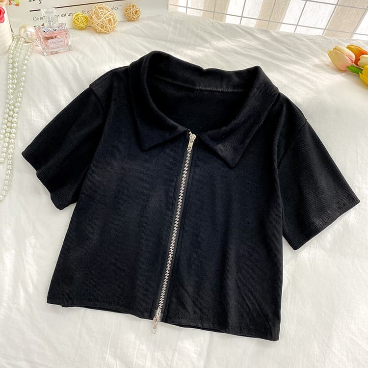 Haut court tendance zippé col montant survêtement femme — noir
