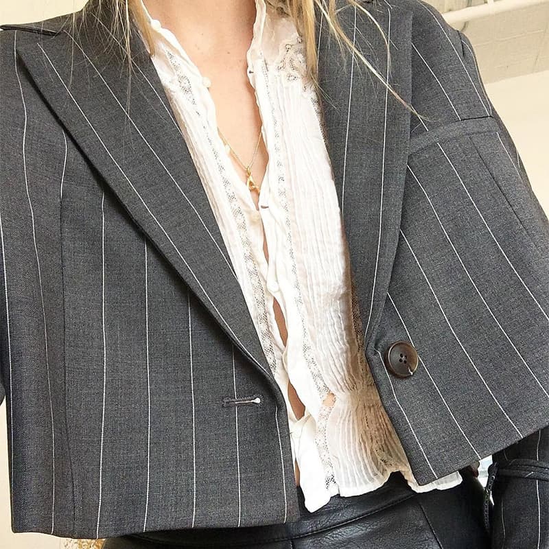 Haut court tendance rayé style bureau élégant femme
