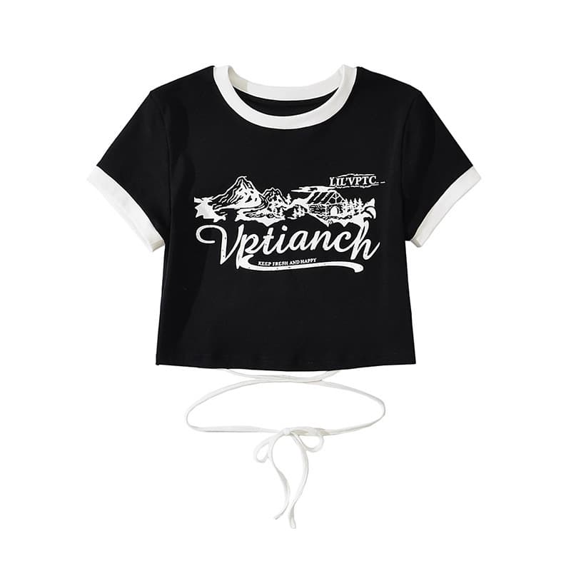 T-shirt court tendance contraste dos lacé femme — noir