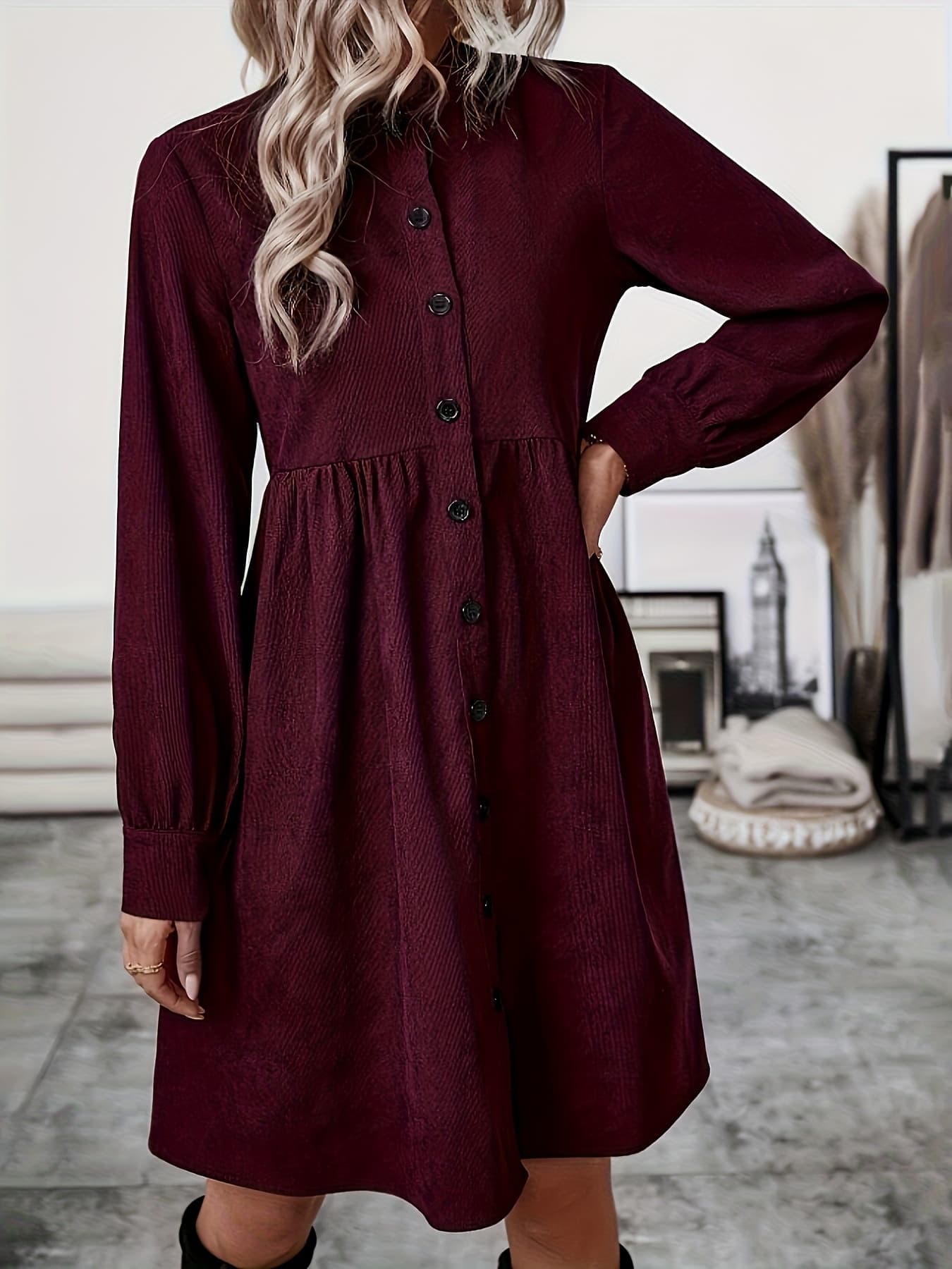 Robe midi tendance col revers boutonnée