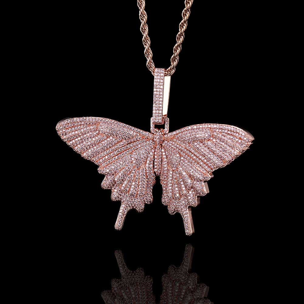 Collier tendance pendentif papillon grand format style hip-hop plaqué or — rose