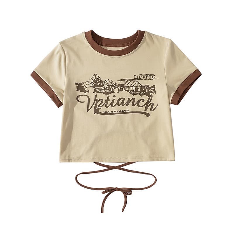 T-shirt court tendance contraste dos lacé femme — abricot