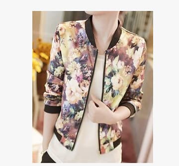 Veste Fleurie Zippée Col Montant Manches Longues Tendance