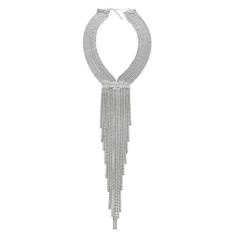 Collier tendance argenté à plusieurs rangs avec pompon doré — argent