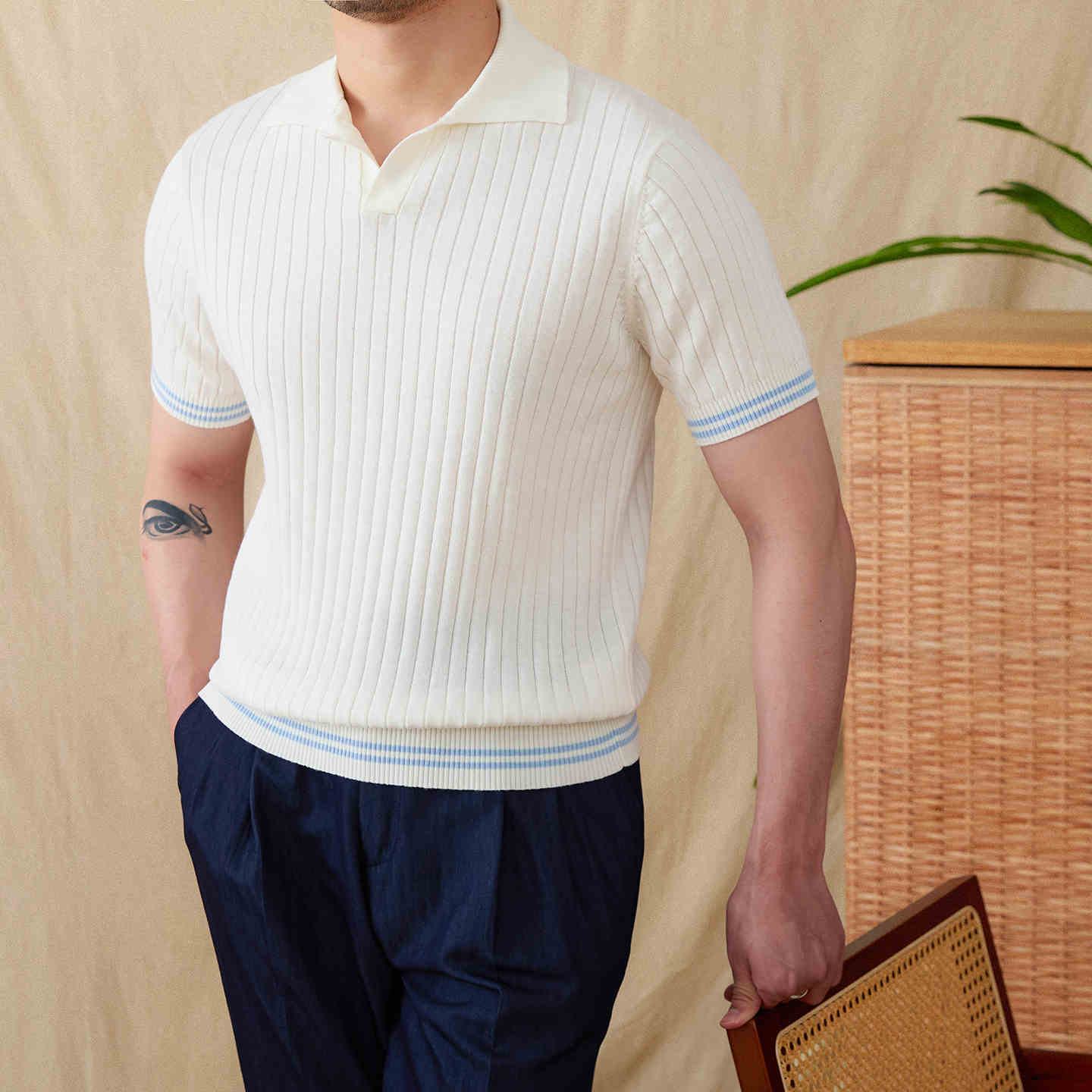 T-shirt col revers tendance polyvalent homme — beige