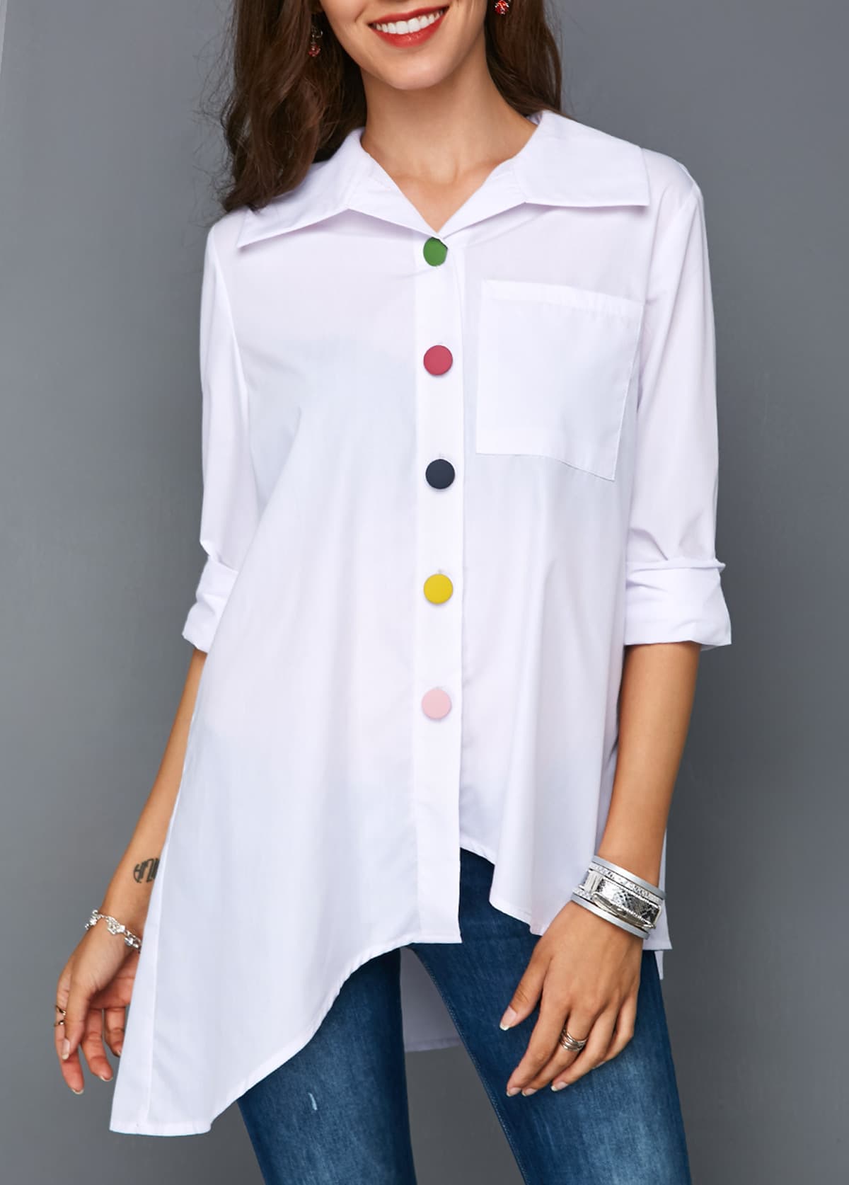 Chemise blanche oversize boutons colores – Femme — blanc