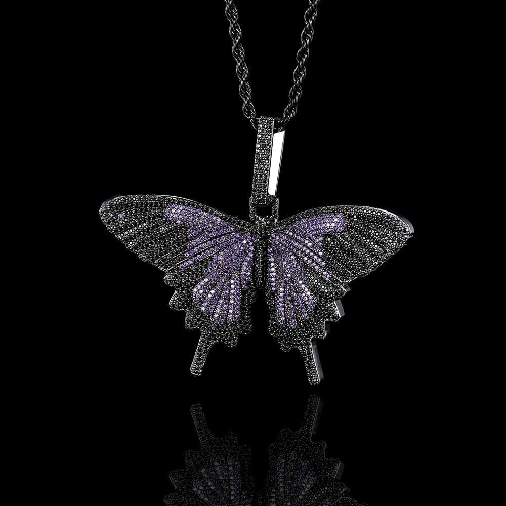 Collier tendance pendentif papillon grand format style hip-hop plaqué or — noir-violet