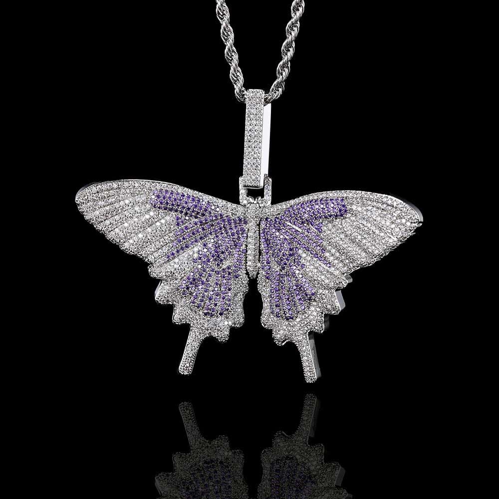 Collier tendance pendentif papillon grand format style hip-hop plaqué or — blanc-violet