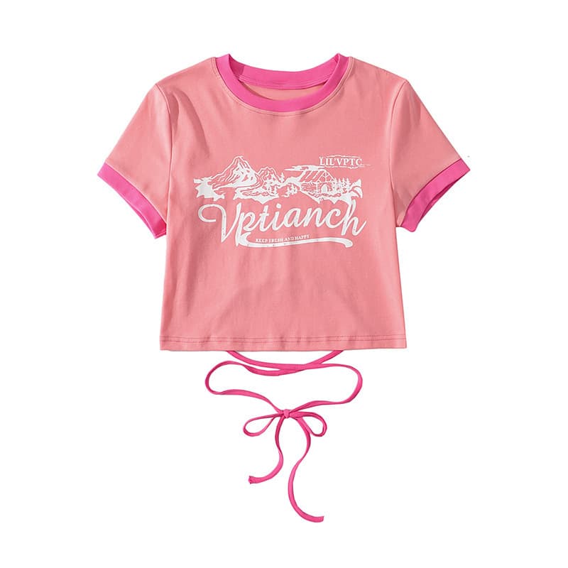 T-shirt court tendance contraste dos lacé femme