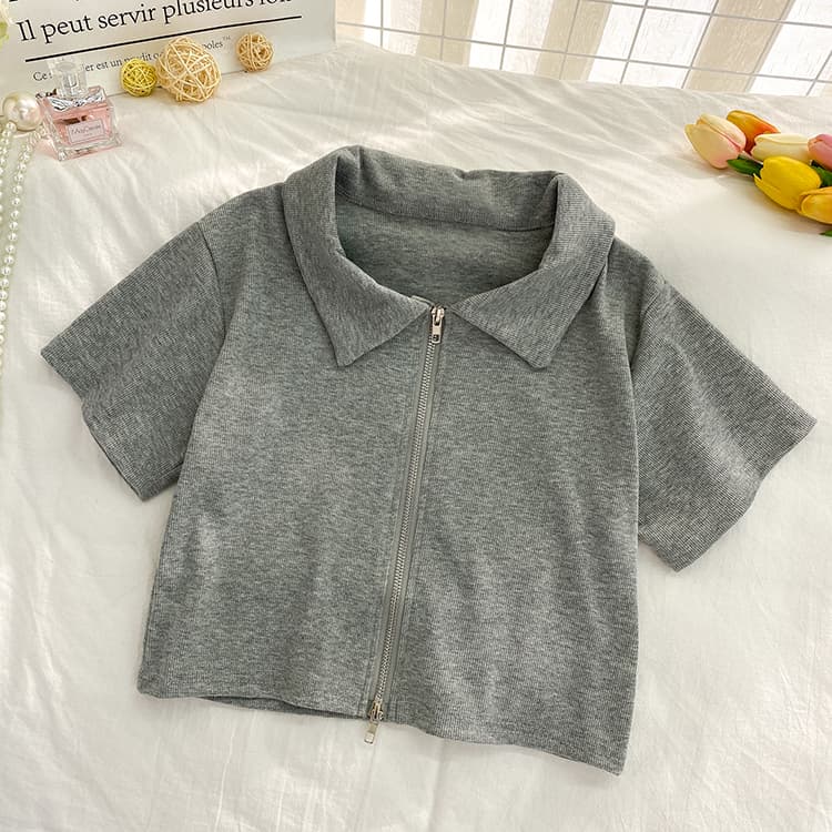 Haut court tendance zippé col montant survêtement femme — gris