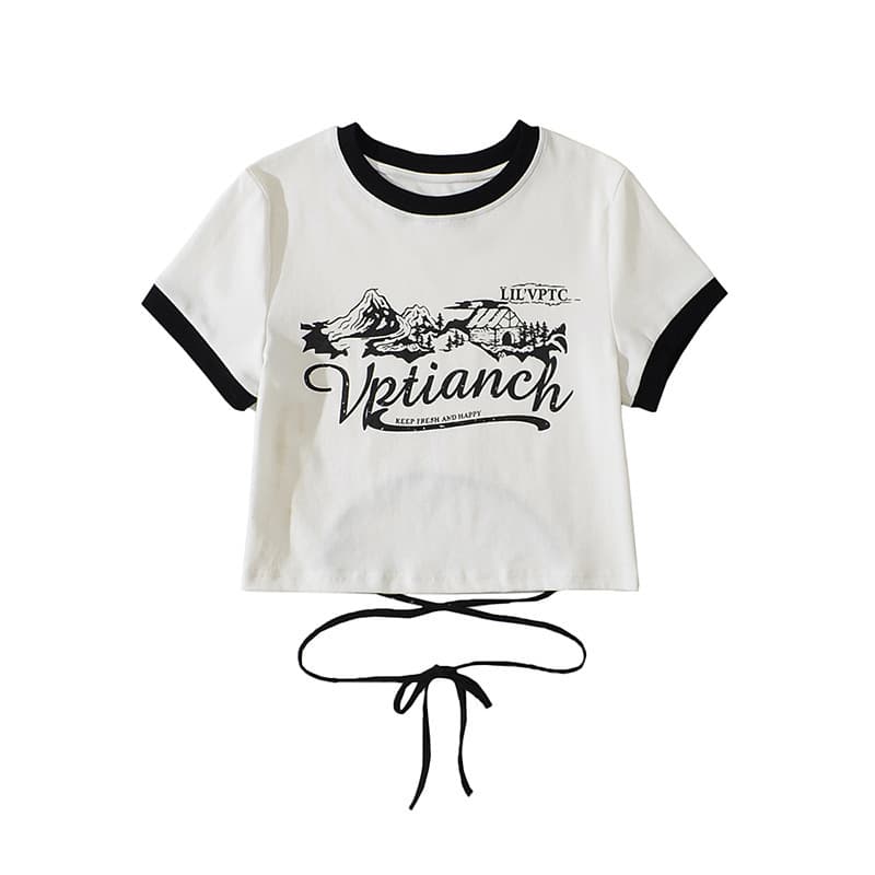 T-shirt court tendance contraste dos lacé femme — blanc