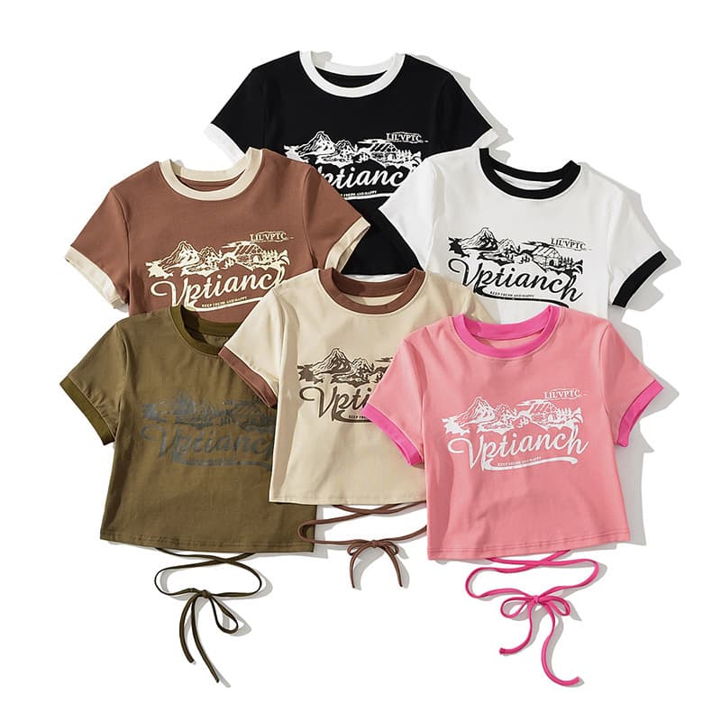 T-shirt court tendance contraste dos lacé femme