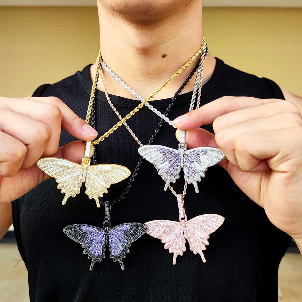 Collier tendance pendentif papillon grand format style hip-hop plaqué or