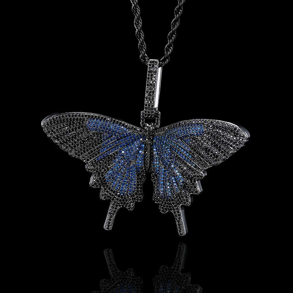 Collier tendance pendentif papillon grand format style hip-hop plaqué or — noir-bleu