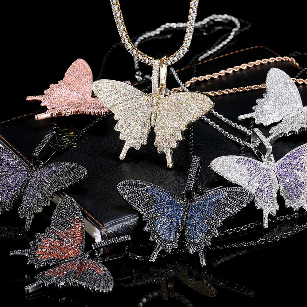 Collier tendance pendentif papillon grand format style hip-hop plaqué or