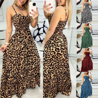 Women's Leopard Print Spaghetti Strap Tiered Maxi Dress V-Neck Smocked Waist Flowy Long Dress For Summer