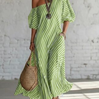 European And American Cross-border Amazon Independent Site Women's Fashion Spring Elegant Striped Off-shoulder Dress